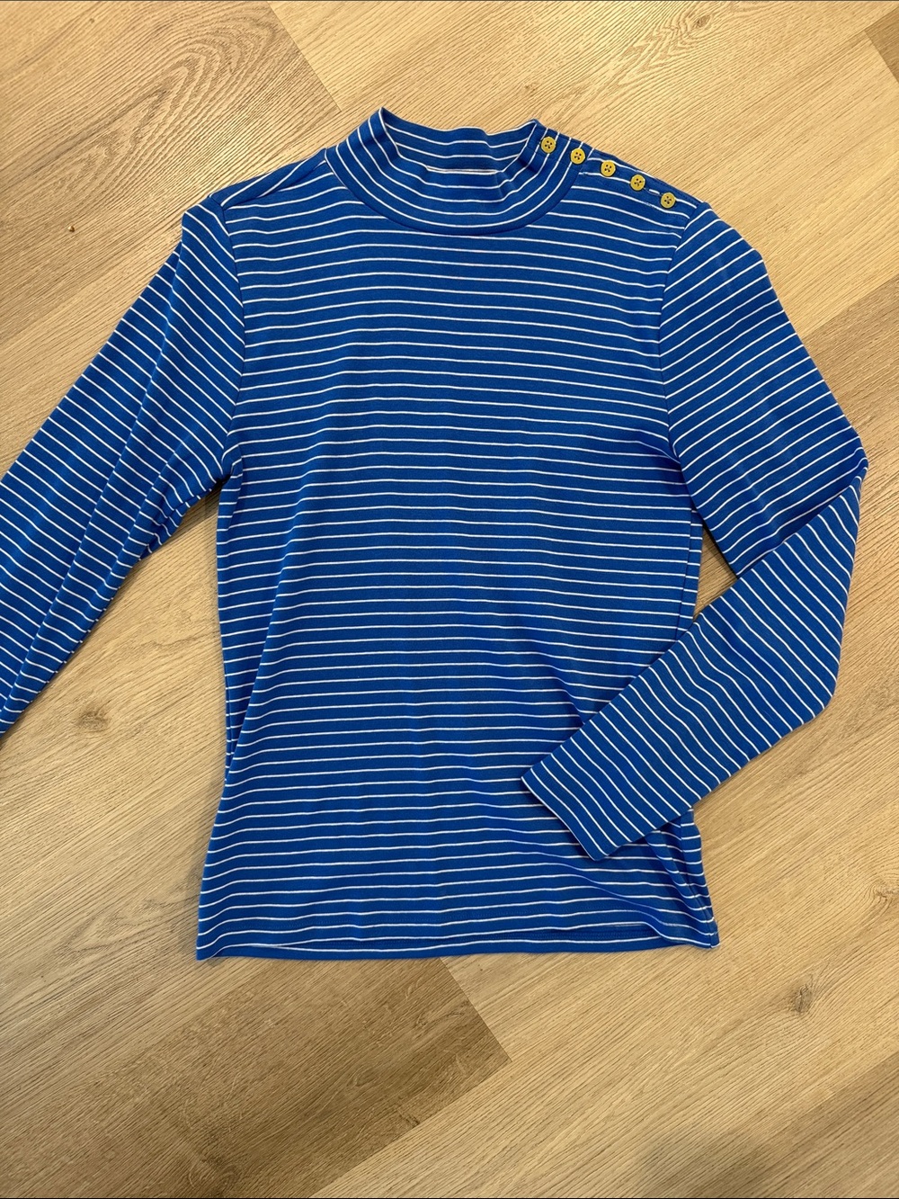J. Crew Blue & White Striped Long Sleeve Top with gold Shoulder Buttons